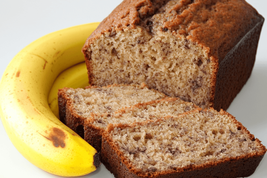 A freshly baked loaf of banana bread, sliced to reveal its moist, fluffy interior, with ripe bananas placed beside it.