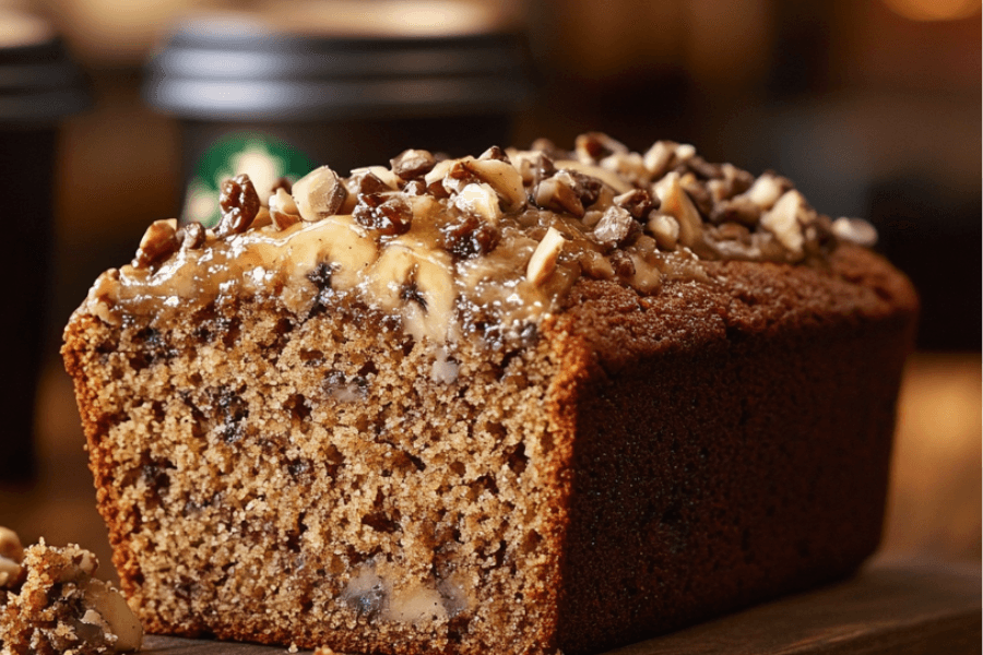 Starbucks banana bread is made with ripe bananas, flour, sugar, eggs, butter, buttermilk, walnuts, and a blend of baking essentials.