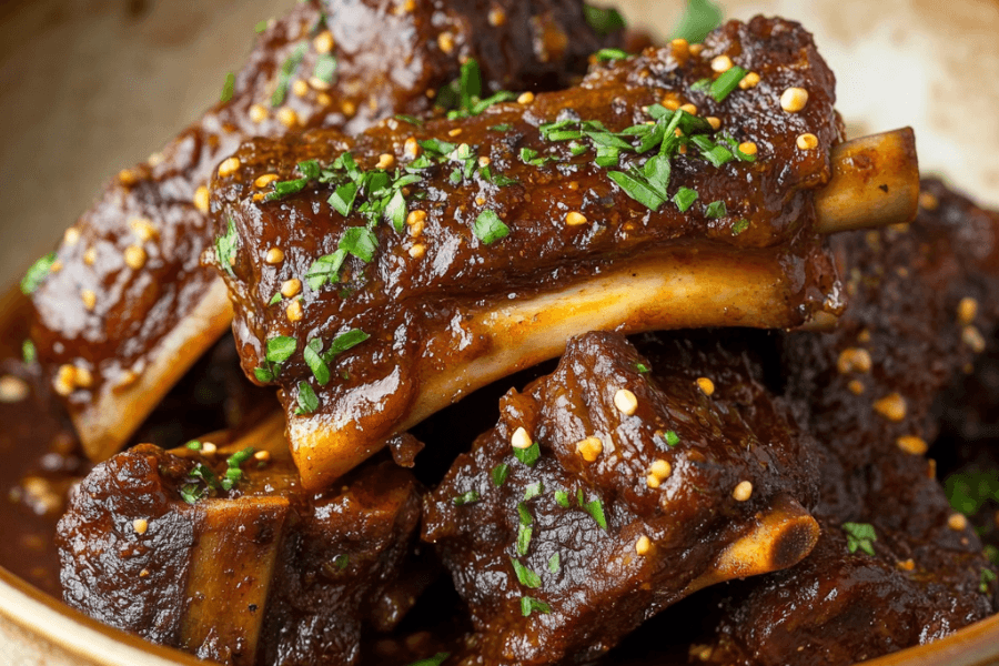 A plate of slow-cooked beef spare ribs glazed with barbecue sauce, served with sliced onions and garnished with fresh herbs.