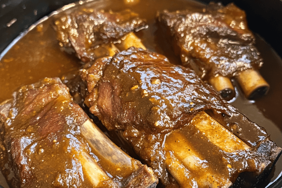 Close-up of ribs in a slow cooker partially covered with sauce and liquid, ready for slow cooking.