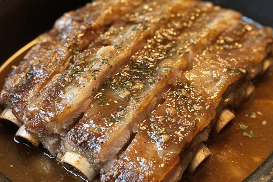 Ribs in a slow cooker with a small amount of liquid at the bottom, showing they don't need to be fully submerged.