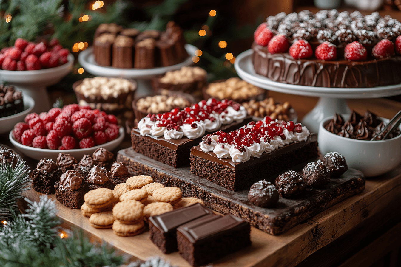 A colorful display of gluten-free sweets, including dark chocolate, fresh fruits, and honey jars, arranged on a rustic wooden table.