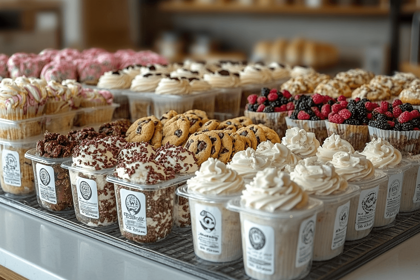 A selection of gluten-free and dairy-free packaged treats, including cookies, cupcakes, and dairy-free ice cream tubs displayed on a countertop