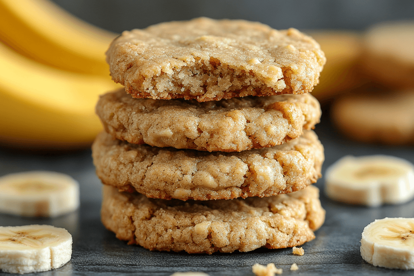 Freshly baked banana bread cookies on a rustic plate surrounded by ripe bananas and oats.