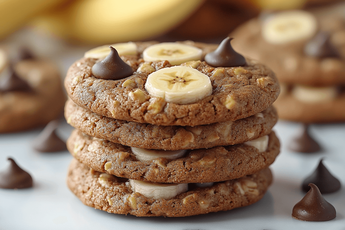 A plate of freshly baked banana bread cookies served on a wooden table, garnished with banana slices and cinnamon sticks