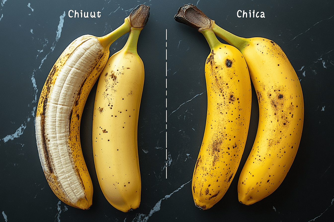 Side-by-side comparison of a peeled Chiquita banana and a peeled Dole banana, with labels indicating their texture and color differences