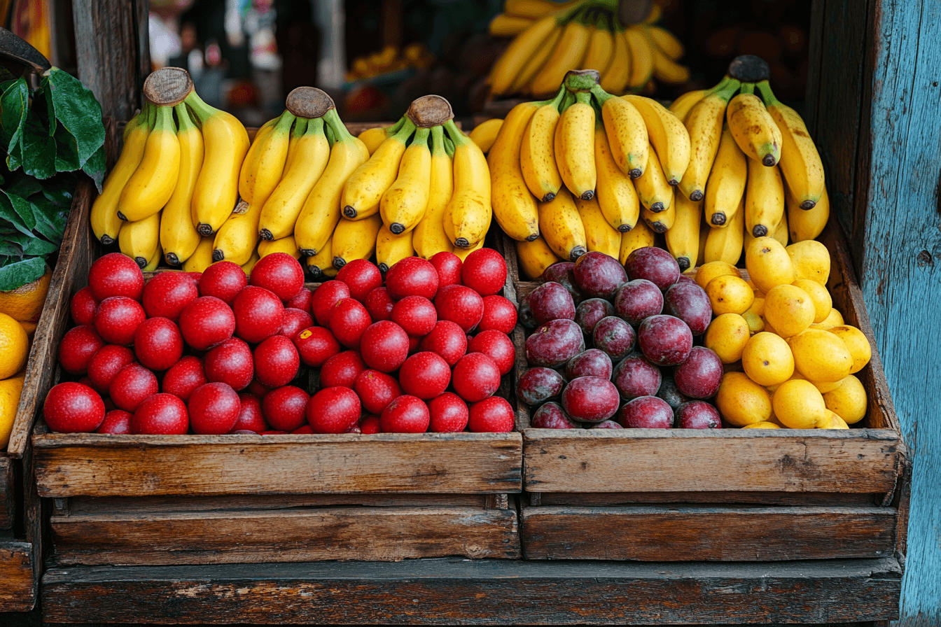 A variety of fruits similar to bananas, including plantains, mangoes, and jackfruit, arranged on a wooden table.