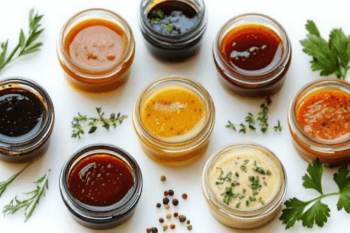 A plate of grilled salmon topped with lemon butter sauce, surrounded by small bowls of various sauces, including creamy dill, pesto, and mango salsa.