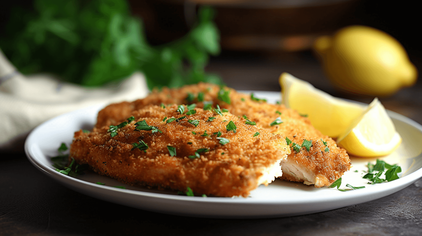 Crispy Garlic Herb Breaded Chicken Cutlets served with lemon wedges.